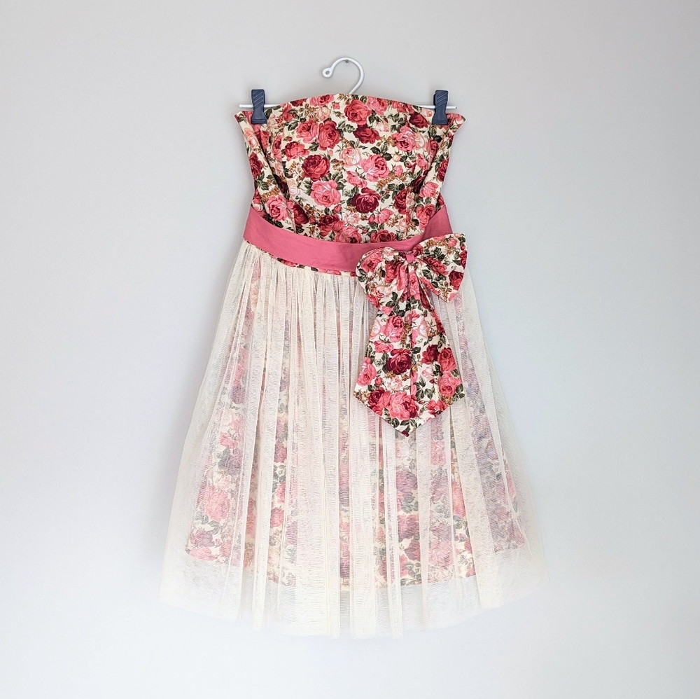 Floral Strapless Dress With Tulle Skirt And Bow Detail